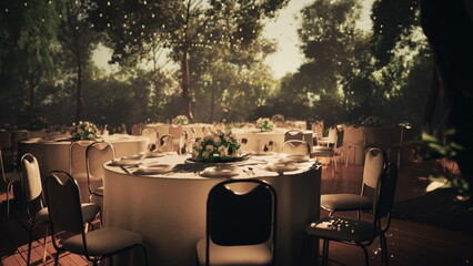 Soft sunlight filters through trees at an enchanting garden, highlighting round tables adorned with flowers and ready for guests. The serene setting is perfect for a romantic celebration.