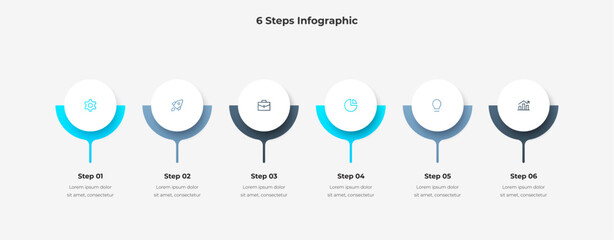 Clean six step infographic featuring circular nodes with colored progress arcs, each with an icon and caption. Ideal for illustrating a process, workflow, or training guide in presentations