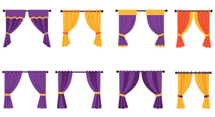 Colorful curtains in various styles and arrangements displayed on a white background