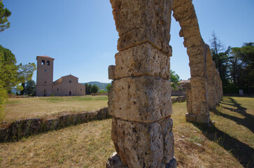 Abbey of San Vincenzo al Volturno, province of Isernia, Molise, Italy and in the foreground what remains of the Portico del Pellegrino