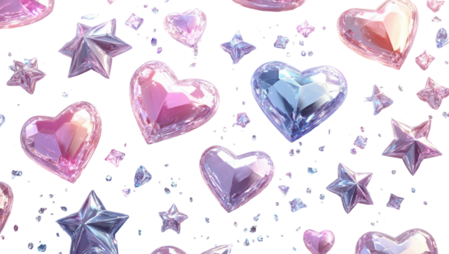 Glittering hearts and stars float against a black backdrop