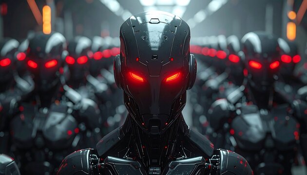 A menacing perspective features a humanoid robot head, front and center, with glowing red eyes. It?s surrounded by many identical robots