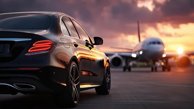 A black luxury sedan parked on an airport tarmac at sunset, with a plane in the background