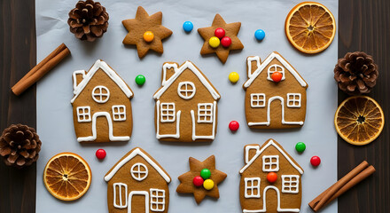 Overhead shot of gingerbread houses and star cookies with dried orange slices, cinnamon sticks, pine cones and colorful candies on a light gray surface for christmas