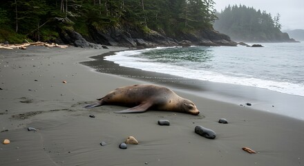 A brown sea lion rests on a sandy beach as waves lap the shore, flanked by forested cliffs