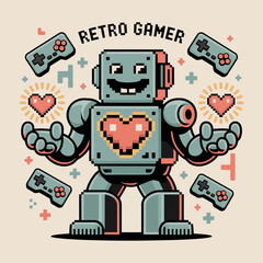 Retro gamer robot, pixel controllers around, smiling mechanical hero, nostalgic arcade spirit, fun family gaming poster vector