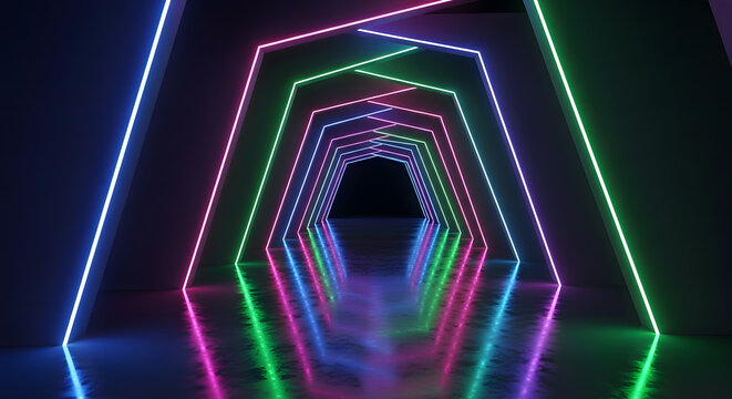 Vibrant multicolored neon lights illuminate a futuristic hexagonal tunnel with a reflective floor, creating an endless glowing corridor of abstract design
