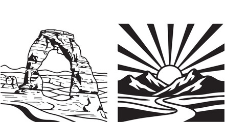 Fototapeta premium Natural landscape illustrations featuring a rock arch and a mountain sunrise with a river isolated on transparent background