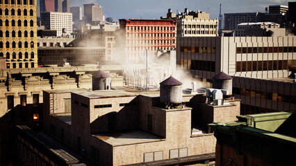 A vibrant urban scene shows rooftops adorned with steam rising from vents. Towering buildings create a dramatic skyline under a clear blue sky during the early morning.