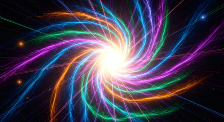 Dynamic swirling light energy forms a vibrant abstract spectacle. Glowing neon colors radiate from a brilliant central point, creating an energetic, mesmerizing vortex