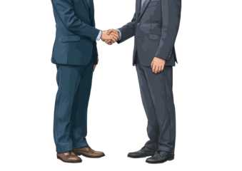 Two businessmen in suits shake hands against a black background, symbolizing agreement