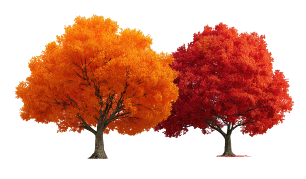 Two autumn trees with vibrant orange and red foliage, against a stark black background