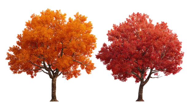 Two trees showing autumnal colors, orange and red, against a black background