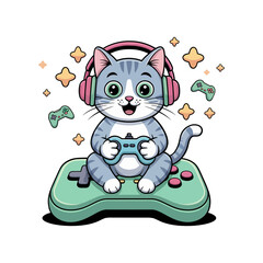 kitten gamer on giant gamepad, pastel stars, blue headset, adorable console playtime, childrens gaming poster, vector