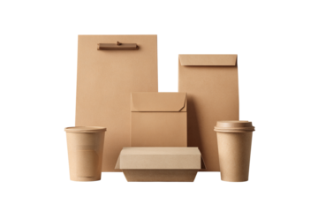 Collection of brown paper food packaging isolated on transparent background