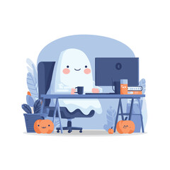 Halloween themed ghost costume office worker sitting at computer