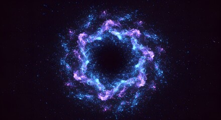 A swirling, luminous, cosmic nebula in shades of blue, purple, and black, with central void