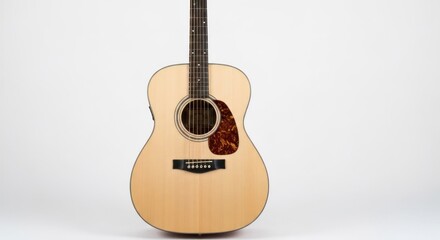 Acoustic guitar, centered on white background, wood grain visible, round hole design