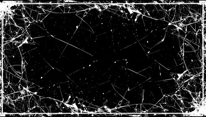 A rectangular black space with a fragmented white border simulating shattered glass with tiny white specks