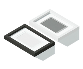 Two isometric picture frames, one black and one white, against a contrasting black background
