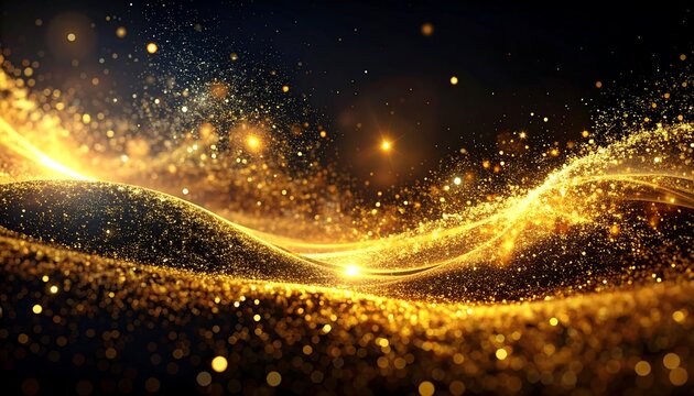 A mesmerizing abstract composition. Swirling golden particles create a wave-like form against a dark background, sparkling with light
