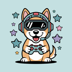 cool corgi gamer, sunglasses visor headset, stars background, stylish arcade lover, fun pet character, trendy cartoon vector