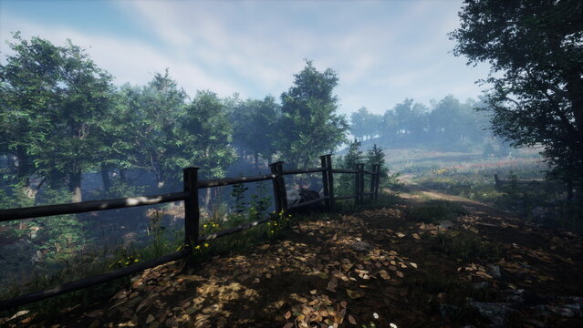 A serene forest path curves among lush green trees, bathed in soft morning light and surrounded by a mist that adds a magical touch to the peaceful scenery.