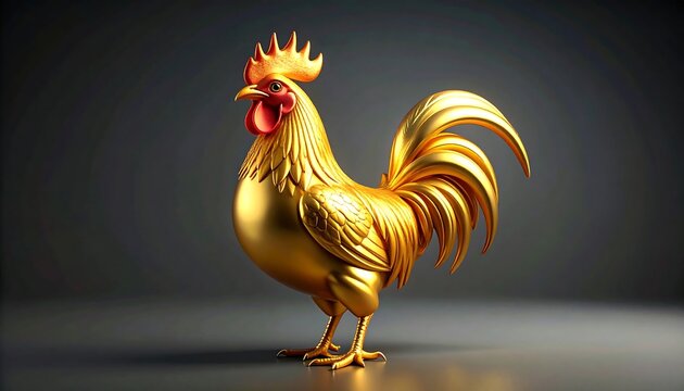 A highly-detailed, golden rooster sculpture stands proudly, bathed in light against a gradient grey backdrop, highlighting textures and shine