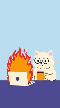 Cartoon Cat Calmly Holding Coffee While Watching Laptop on Fire. Loop Animation with Alpha Channel Transparency