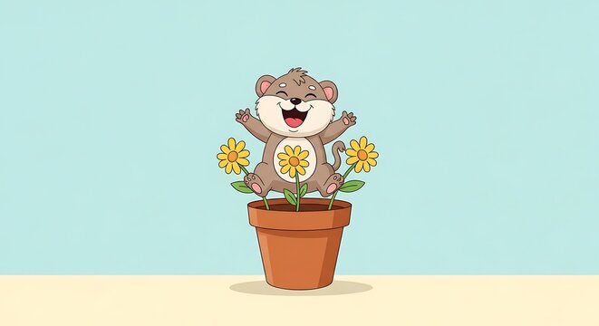 Happy Cartoon Hamster in a Flower Pot with Blooming Sunflowers.