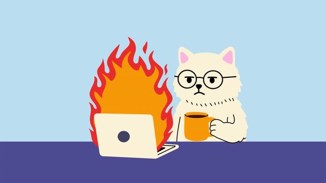 Cartoon cat calmly holding coffee while watching laptop on fire. Loop Animation. Alpha channel transparency	