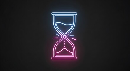 Neon hourglass glowing with pink and blue light on a dark background.