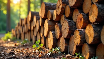 Sun-Drenched Stacks of Seasoned Hardwood Logs Await Milling in a Forestry Yard.  Ready for Construction, Furniture, and Crafts, these rich-toned logs offer natural beauty and quality.