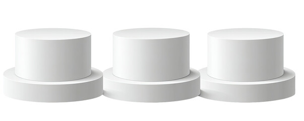 Three white, cylindrical platforms are arranged side by side, suitable for product display or presentation