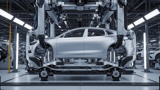 Electric car body being lowered onto a chassis on a factory assembly line. Automotive manufacturing and automation