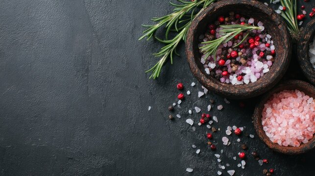 Spices in wooden bowls pink salt, peppercorns, rosemary on textured black background