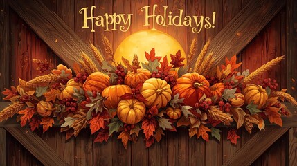 autumn holiday card with pumpkins, wheat, berries, and fall leaves arranged beneath glowing harvest moon on wooden barn background