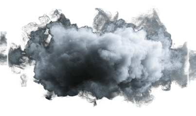 Dense, billowing, grayscale smoke cloud floating against a black background. Atmospheric effect