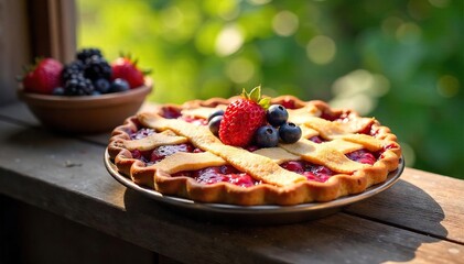 Homemade Berry Pie Cooling on Rustic Windowsill, Bathed in Warm Sunlight - Perfect for Summer Picnics & Backyard BBQs