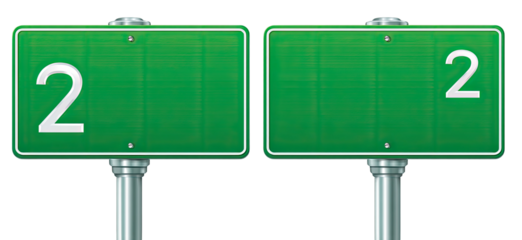 Two identical green road signs each displaying a white number two with chrome supports on a black background