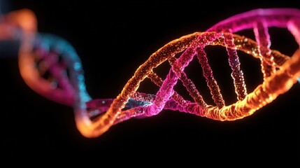 Abstract glowing DNA helix in vibrant pink, orange, and blue tones, against a stark black background
