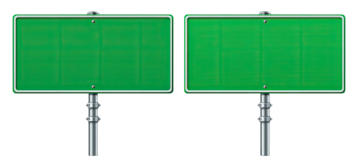 Two identical, blank green road signs with metal posts against a stark, black background
