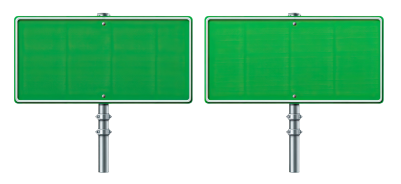 Two identical, blank green road signs with metal posts against a stark, black background