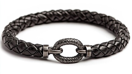 Braided leather bracelet with textured metal clasp on white background