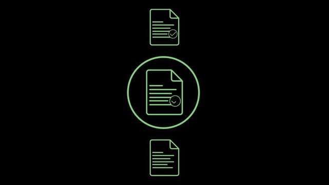Green outline icon of document approval concept, featuring multiple file symbols with a central verified document for business, digital validation. 2d animated video 4k size with alpha channel