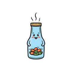 Cartoon bottle with happy face containing colorful fruits  