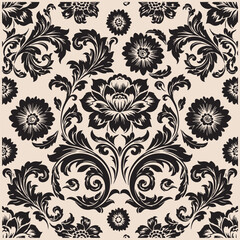 Black and white damask pattern featuring intricate floral and scroll designs on a textured background.