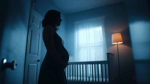 A pregnant woman stands by a crib in a softly lit nursery, reflecting on the upcoming arrival