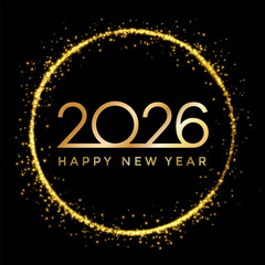 2026 golden New Year in golden sparkling ring with dust glitter on dark background, Happy New Year decorative shiny design for award celebration
