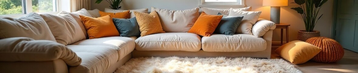 Relaxing in a Cozy Living Room Plush Cushions, Comfortable Sofa, Inviting Atmosphere, Perfect for Unwinding at Home